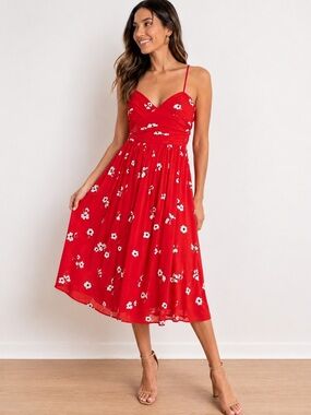 Bardot Red Floral Midi Dress Sweetheart Neck Fit & Flare Sundress Size 6